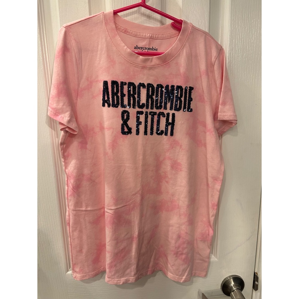 Abercrombie Kids T-Shirt Pink Tie Dye Sequin Logo Graphic Tee 13/14 Girls